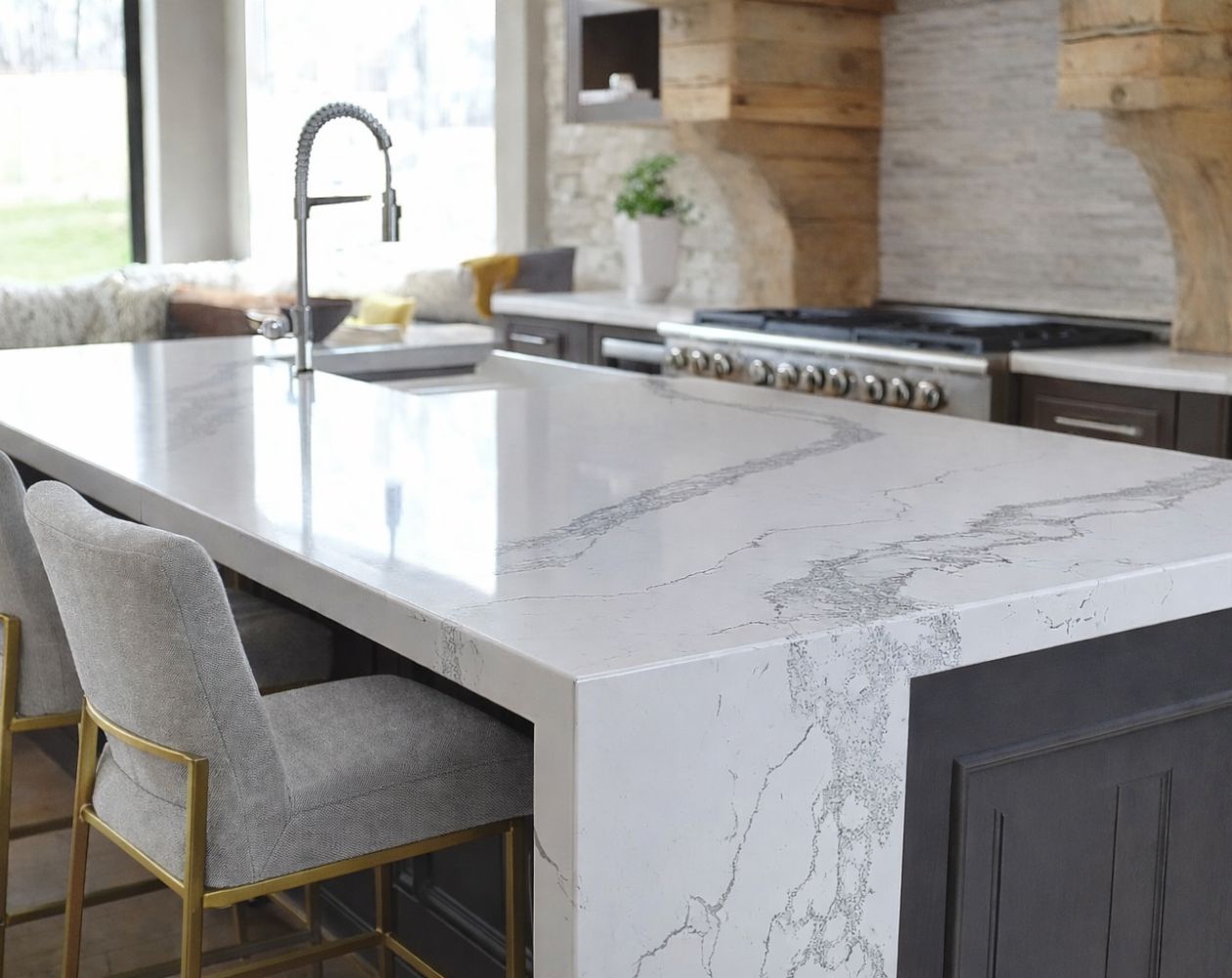 calacatta-white-quartz-waterfall-kitchen-island Calacatta White Quartz Waterfall Kitchen Island