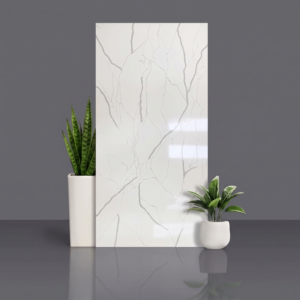 Polished white quartz slab with branching soft grey veins in a Calacatta style