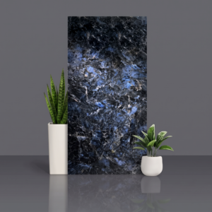 Sintered stone slab in deep black with blue labradorite-style crystal flashes and silver veining