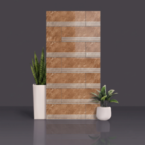 Glossy amber marble-look stair tiles with metallic grooved nosing strips