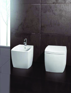 Matching white back-to-wall WC and bidet with soft square profiles