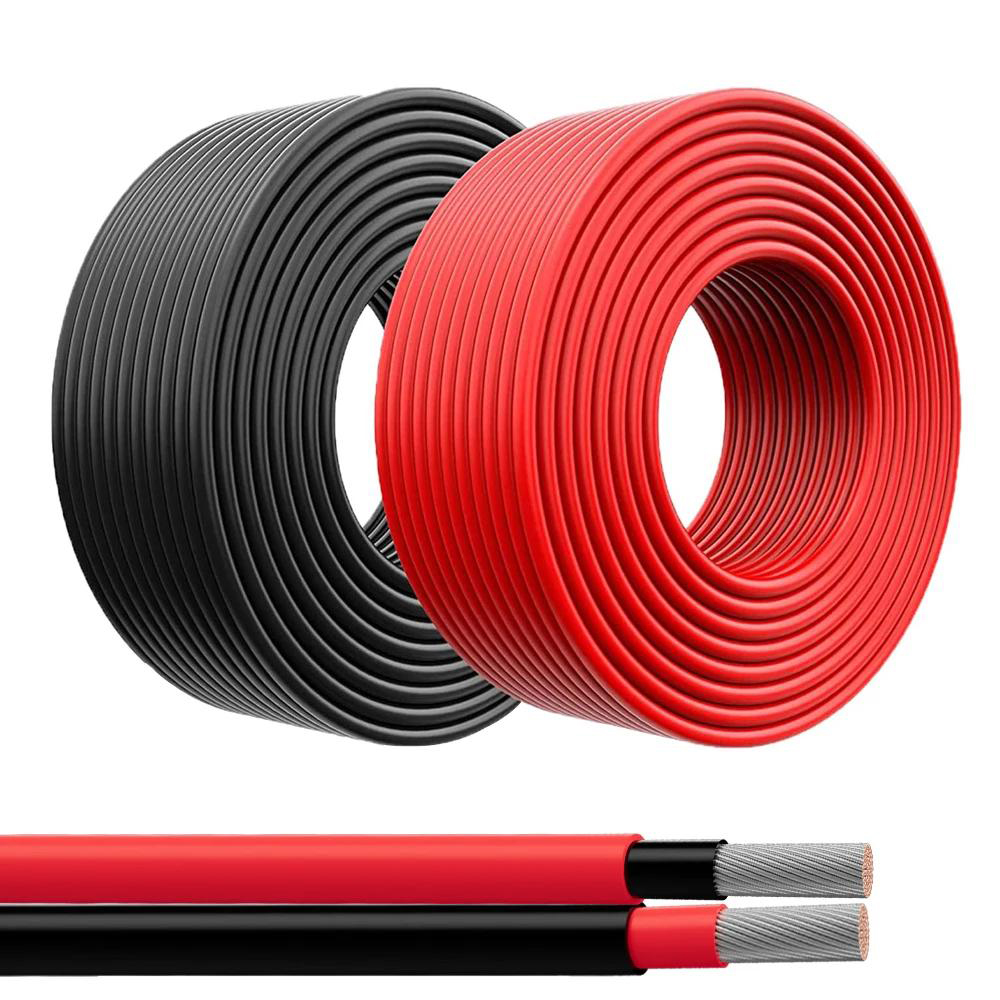 Red and black DC solar cable coils with tinned copper conductors exposed at the ends