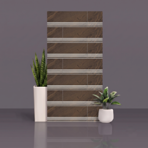 Dark brown stone-look stair tiles with bright white grooved anti-slip strips along each tread edge