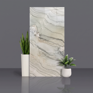 Polished silver-grey stone slab with flowing wave-like veins and white crystal pockets