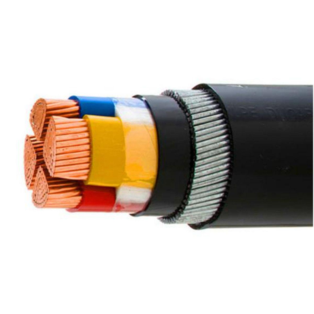 Armoured power cable showing copper conductors, coloured insulation and steel wire armour