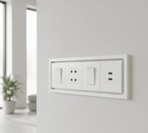 Modular white switch and socket set with two switches, a power socket and a twin USB outlet in one plate