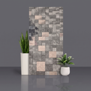 Heavy-duty parking tiles laid in a random multi-size pattern of grey and blush stone tones