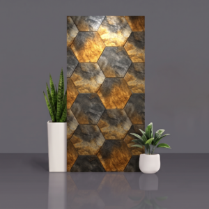 Geome Fellow Fire hexagonal wall tile in slate grey and burnished gold