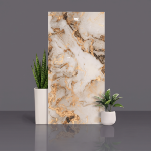 Golden Onyx high-gloss marble-look tile in cream with gold and bronze veining
