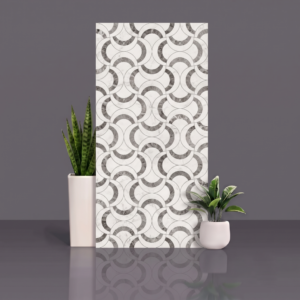 Gravier Nebula Silver decor tile with interlocking grey and white marble arcs