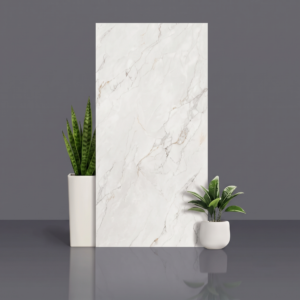 Large-format marble GVT tile in soft white with fine grey and gold veining