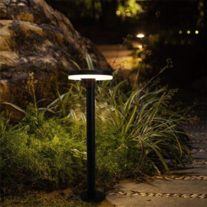 Slim black garden bollard with an open slotted column and a shielded top light