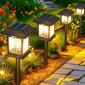Row of solar lantern stake lights lighting a gravel garden border at dusk