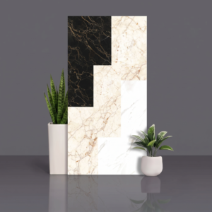 Marble print wall tiles in Nero black with gold veins, cream and white Statuario