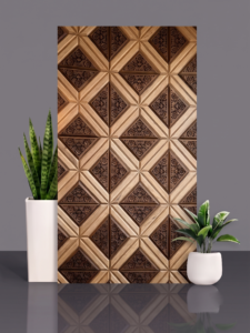 Mehfil wall tile in walnut and pine with a Kashmiri carved floral geometric pattern