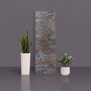 Slim quartz countertop panel in a slate-look finish with grey, blue and rust tones
